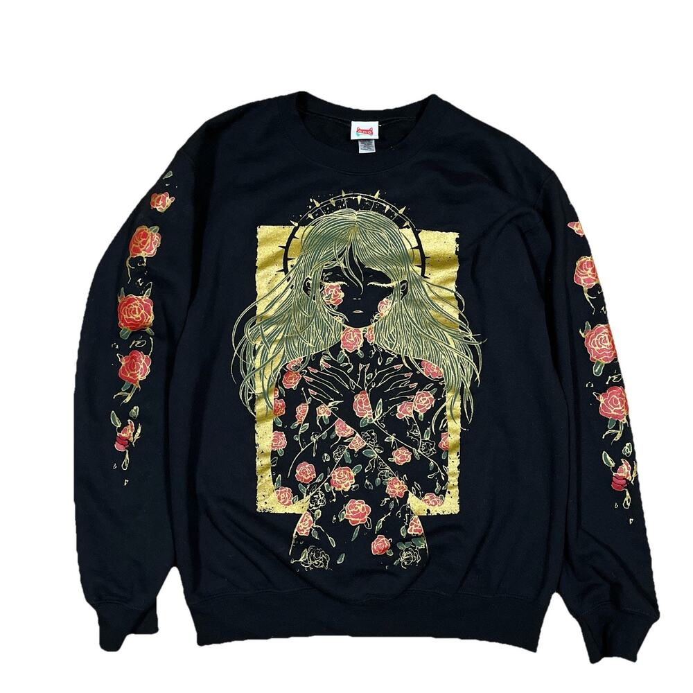 Omocat Anime Girl and Roses Black Crewneck Sweatshirt Adult Large Sweater Small